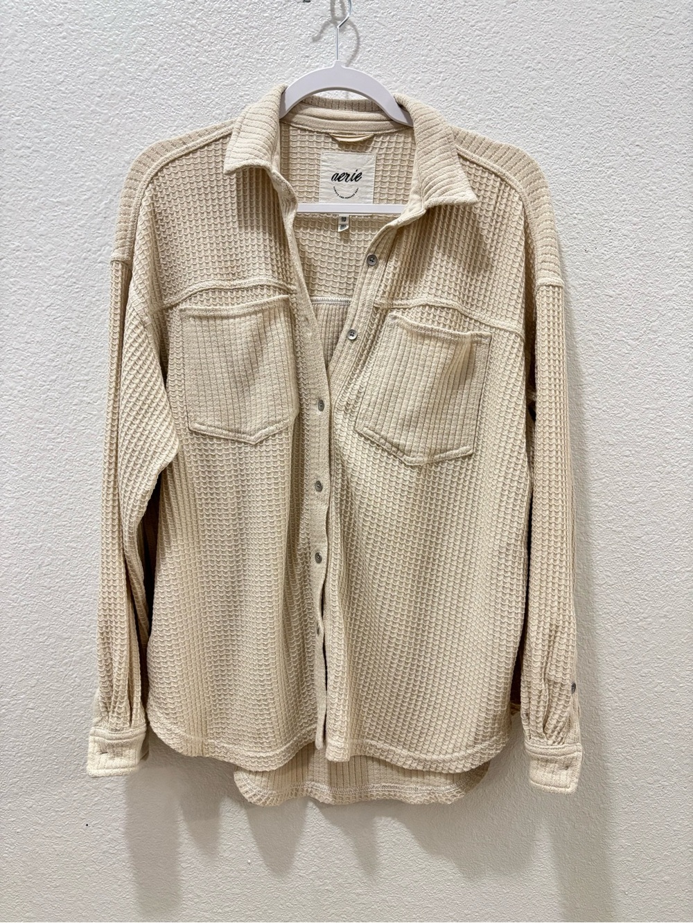 Aerie Anytime Fave Waffle Shirt Button Up Oversized Size XXS Cream Tan